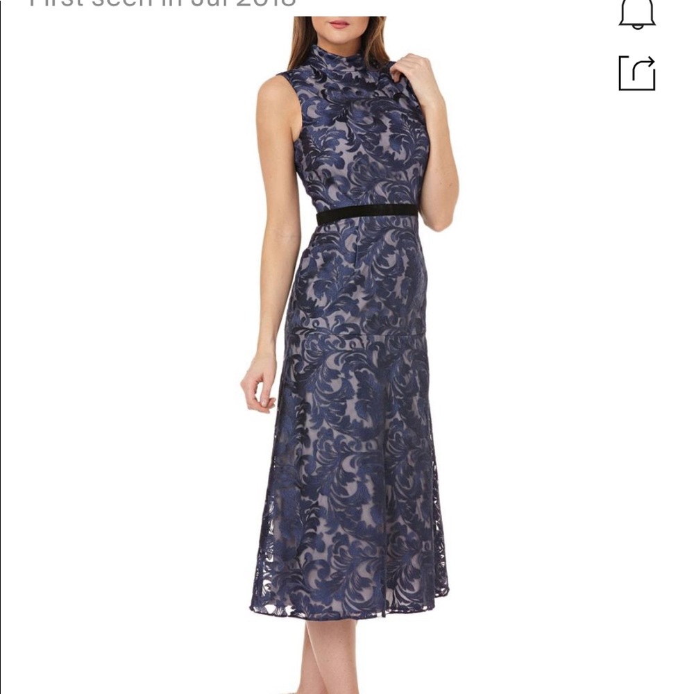 NWT Kay Unger Embroidered Dress Metallic Navy